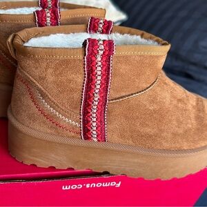 Brown Suede Boots with Red Accents